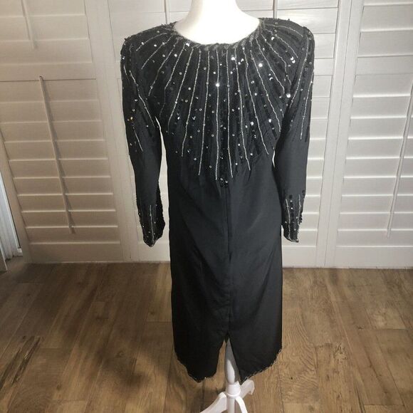Vtg 80s Oleg Cassini Black Silk Beaded Cocktail Dress 8 Modest Holiday - Picture 4 of 12